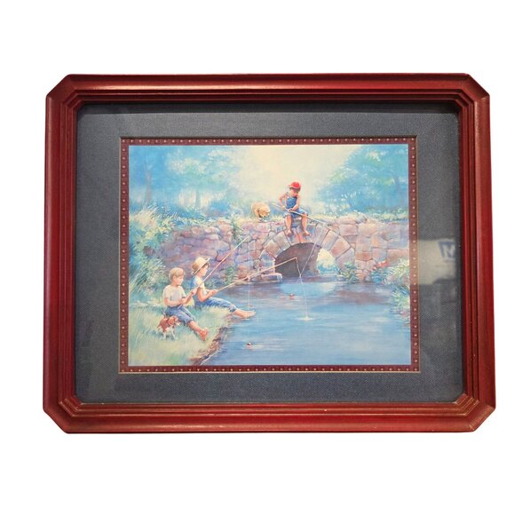 Vintage Framed Fishing Boys & Dog Artwork Picture - Picture 6 of 10